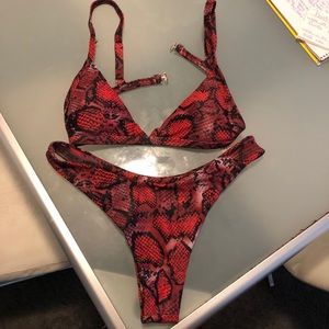 Red snakeskin swimsuit set